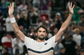 Monaco’s Valentin Vacherot celebrates his victory against Serbia’s Novak Djokovic