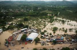 This aerial view taken during a Mexican Navy flyover shows flooded streets after heavy rains in Poza Rica, in Veracruz state