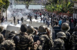 Protesters clash with members of the Malagasy gendarmerie as thousands gather during protests calling for the resignation of President Rajoelina in Antananarivo, on October 11, 2025