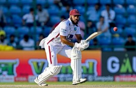 West Indies' John Campbell plays a shot during the third day of the second and final Test cricket match between India and West Indies at the Arun Jaitley Stadium in New Delhi