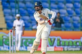 India's KL Rahul watches the ball after playing a shot during the fourth day of the second and final Test