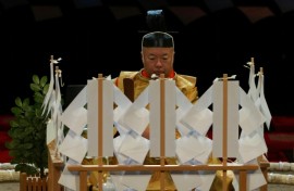 Sumo referee Kimura Shonosuke leads the ring-blessing ceremony ahead of the Grand Sumo Tournament at the Royal Albert Hall in London