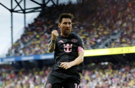 Inter Miami's Argentine superstar Lionel Messi celebrates one of his three goals in a Major League Soccer victory over Nashville SC