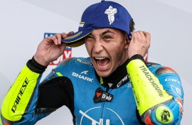 Spanish rider Raul Fernandez celebrates after winning his maiden MotoGP at the Australian Grand Prix