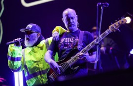 Fred Durst (L) and Sam Rivers from the US band "Limp Bizkit" perform in Bogota on March 21, 2024