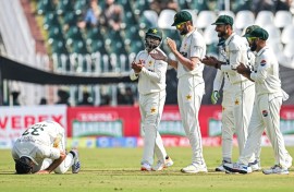 South Africa's Simon Harmer returned for his second spell to dismiss Saud Shakeel