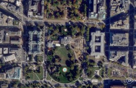 This handout satellite photo obtained on October 23, 2025 from Planet Labs PBC and dated October 23, 2025 shows the White House in Washington, DC, after the demolition of the East Wing