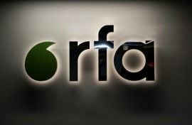 Radio Free Asia logo on its Washington headquarters, seen in March 2025