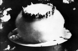 A photo dated July 1946 shows the mushroom cloud forming after an atomic bomb explosion during nuclear tests carried out by the US military at Bikini Atoll in the Pacific Ocean