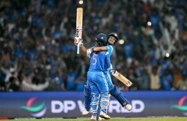 Jemimah Rodrigues (front) and Amanjot Kaur celebrate their epic run chase to make the Women's World Cup final