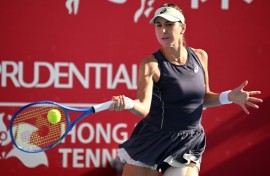 Belinda Bencic hits a return to China's Wang Yafan in Hong Kong