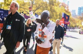 Eliud Kipchoge of Kenya sheds a tear after competing in the 2025 New York Marathon
