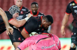 Asenathi Ntlabakanye in action for the Lions in the Challenge Cup in 2022