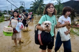 Residents carrying their belongings and pet dogs wade through a flooded street as they evacuate from their inundated homes in Liloan town, Cebu province