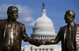 A statue depicting US President Donald Trump and Jeffrey Epstein holding hands is seen near the US Capitol on October 2, 2025