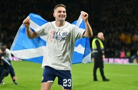 Midfielder Kenny McLean celebrates after Scotland's 4-2 win against Denmark in Glasgow