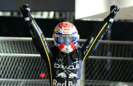 Red Bull's Max Verstappen celebrates after winning the Las Vegas Formula One Grand Prix