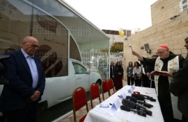 Swedish Cardinal Anders Arborelius blessed the converted popemobile which is intended to become a children's clinic in Gaza