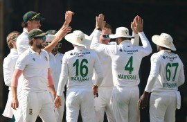 South Africa's players celebrate after the dismissal of India's Rishabh Pant