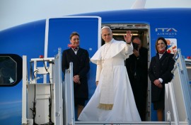 Pope Leo XIV, seen here boarding the plane for Ankara, said he was 'very much looking foward' to his trip to Turkey