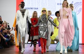 British designer Pam Hogg (C) presented her first fashion collection in 1981