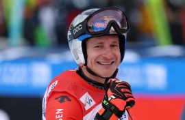 Switzerland's Marco Odermatt reacts after his victorious run in the alpine men's super-G at Copper Mountain, Colorado