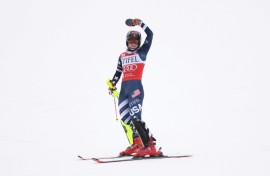 Mikaela Shiffrin celebrates after her slalom victory at Copper Mountain in Colorado