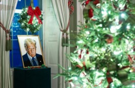 A portrait of US President Donald Trump made out of Lego is among this year's White House Christmas decorations