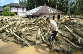 A villager walks among a pile of logs in flood-hit Tukka village in Indonesia