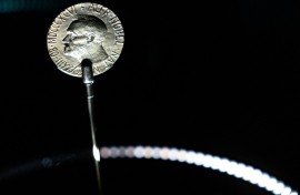 The Alfred Nobel medal is seen at the exhibition "Democracy on the brink" in honour of Nobel Peace Prize laureate Maria Corina Machado at the Nobel Peace Center in Oslo