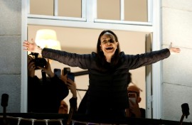 Nobel peace laureate Maria Corina Machado greets supporters from a balcony of the Grand Hotel in Oslo, Norway, early on December 11, 2025