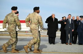 US President Donald Trump, Pentagon chief Pete Hegseth and other officials attend a ceremony marking the return of the bodies of three Americans killed in Syria