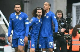 Chelsea's Joao Pedro (R) celebrates after scoring against Newcastle
