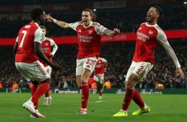 Arsenal celebrate during their League Cup win against Crystal Palace