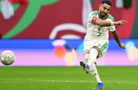 Algeria captain Riyad Mahrez scores his second goal against Sudan in Rabat.