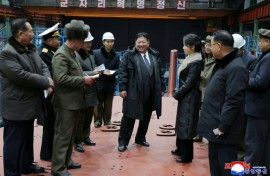 Korean Central News Agency released undated images of North Korean leader Kim Jong Un visiting a manufacturing base for nuclear-powered submarines