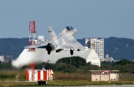 A Taiwan Air Force Mirage 2000 fighter jet takes off at Hsinchu Air Base in Hsinchu on December 29, 2025