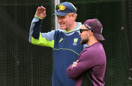 Australia coach Andrew McDonald (left) speaks with England counterpart Brendon McCullum in Melbourne