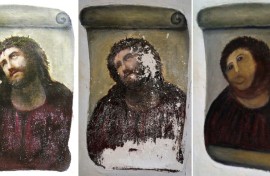 A combination of three handout documents provided by the Centre de Estudios Borjanos in 2012 shows the original version of the painting painting, the deteriorated version and the restored version by Cecilia Gimenez