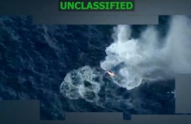 This screen grab from a video posted on the X account of US Southern Command (SOUTHCOM) shows a strike on one of three boats alleged to be trafficking drugs on December 30, 2025