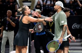 Aryna Sabalenka (L) wants a re-match of her 'Battle of the Sexes' showdown with Nick Kyrgios (R)