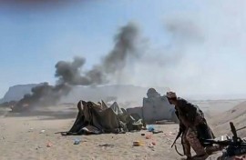 A video grab taken from images released by Aden Independent Channel (AIC TV) shows the moment a strike hits the Southern Transitional Council (STC) forces in Seiyun, in Hadramawt province