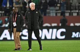 South Africa coach Hugo Broos on the pitch at the end of his team's Cup of Nations last-16 defeat against Cameroon on Sunday