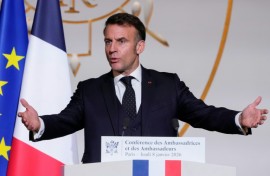 President Emmanuel Macron delivers a speech to French ambassadors at the Elysee Palace