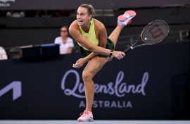 Aryna Sabalenka serves on her way to victory against Madison Keys at the Brisbane International