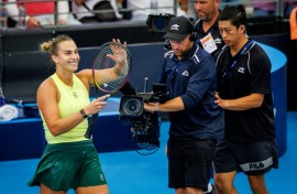 Aryna Sabalenka of Belarus celebrates in Brisbane