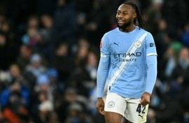 Manchester City's Antoine Semenyo celebrates scoring against Exeter