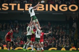 South Africa lock Jean Kleyn wins line-out ball against Wales in a 2025 Autumn Nations international in Cardiff