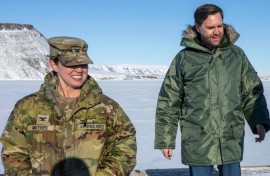US Vice President JD Vance (R) walks at the Pituffik Space Base during his visit to Greenland in March 2025