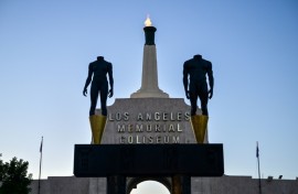 The LA28 Olympic cauldron is lit after a ceremonial lighting at the Memorial Coliseum ahead of the opening of registration for tickets to the Games